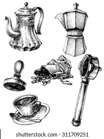Coffee and coffee making set, retro style