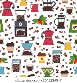 Coffee making and storage accessories, berries and beans seamless pattern. Geyser coffee maker, coffee grinder, French press, pour-over and coffee berries on a branch. Seamless background.