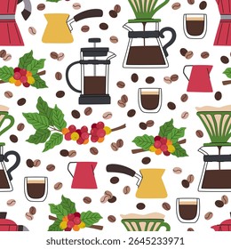 Coffee making and storage accessories seamless cartoon pattern. Manual and automatic coffee grinder, geyser coffee maker, branch with berries, cezve and pitcher. Seamless background.