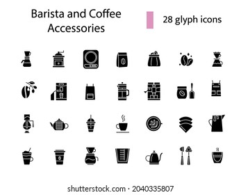 Coffee making tools glyph icons set. Coffee beans in bag. Professional plunger for espresso making. Barista accessories. Black filled symbols collection. Isolated vector stock illustration