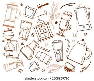 Coffee making utensils and drinks. Percolator, syphon, pour-over, cezve, french press. Hand drawn outline sketch illustration brown on white background
