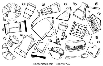 Coffee making utensils, food and drinks set. Pots, cezve, grinder, cups. Hand drawn outline sketch illustration black on white background