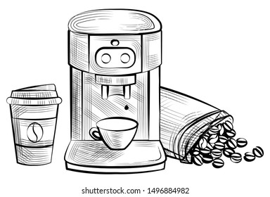 Coffee making vector, monochrome sketch outline. Dispenser bag with beans, plastic cup with beverage containing caffeine, pot with energizing drink