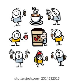 Coffee mania set of cute stick figure drink lovers. Vector illustration of hot tea cups and mus to go outdoor. Cartoon collection of stickman  isolated on white background.