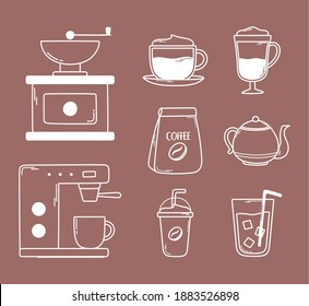máquina de tostado manual de café caldera frapeador frío línea de iconos frescos y relleno ilustración vectorial