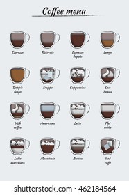 The coffee map or menu infographics in paper cut style. Vector illustration set on light background