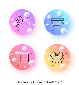 Coffee, Market and Apple minimal line icons. 3d spheres or balls buttons. Dry cappuccino icons. For web, application, printing. Roasted bean, Store, Fruit. Beverage mug. Vector