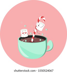 Coffee with marshmallows. Coffee with cheerful marshmallows. MARSHMELLOW is dancing. Coffee drink with marshmallows.