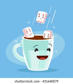 Coffee with marshmallows. Cup of black coffee. Best friends. Vector flat cartoon illustration