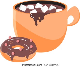 Coffee with marshmallows. Coffee with funny marshmallows. Marshmallows are dancing. Cocoa with marshmallows and a donut. Donut with chocolate.