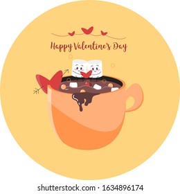 Coffee with marshmallows. Coffee with funny marshmallows. Marshmallow dancing. Cocoa with marshmallows. Happy Valentine's Day.