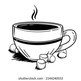 Coffee with marshmallows hand-drawn in the style of doodle Good for printing. Vector illustration isolated on a white 