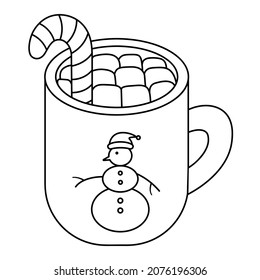 Coffee with marshmallows in a mug. Sketch. A cane-shaped sugar lollipop decoration. Vector illustration. A snowman is drawn on the coffee cup. Winter drink. Coloring book for children. 