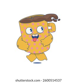 Coffee mascot. Cute running cup of coffee. Trendy vector illustration.