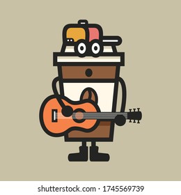 Coffee mascot vector design. Coffee cup character singing and playing guitar vector illustration.