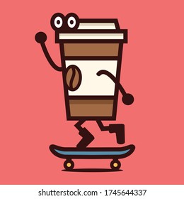 Coffee mascot vector design. Coffee cup character with skateboard vector illustration.