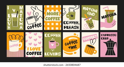 Coffee and matcha posters in cartoon retro style. Cups, green tea, espresso, cappuccino. Colorful illustrations for baristas and kitchens. Decor for cafes and restaurants. Minimalist wall banner
