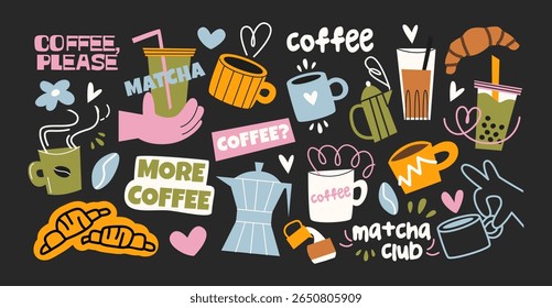 Coffee and matcha stickers in retro cartoon style. Coffee makers, green tea, brewing, arabica coffee, glass, espresso, cappuccino, beans. Graphic doodle minimalist retro shapes. Coffee shop patches
