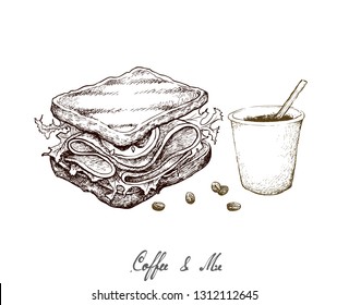 Coffee & Me, Illustration Hand Drawn Sketch of Takeaway Coffee in A Disposable Cup with Grilled Sandwich Isolated on White Background.