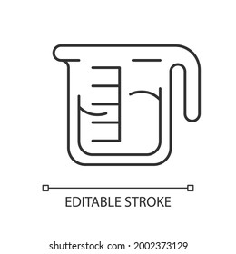 Coffee measuring cup linear icon. Beaker with drink. Kitchen utensil for espresso preparation. Thin line customizable illustration. Contour symbol. Vector isolated outline drawing. Editable stroke