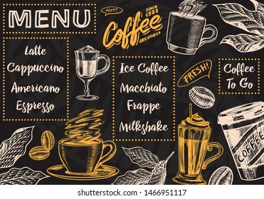 Coffee menu background in vintage style. Vector Template Banner. Hand drawn engraved poster, retro doodle sketch for Cafe. Cup and calligraphic inscription.