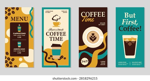 Coffee menu banner collection featuring modern promotional layouts for cafe restaurant espresso beverages takeaway specials branding advertising posters and professional hospitality marketing materials design