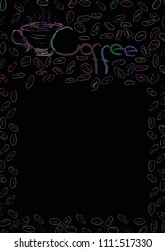 Coffee menu. Black background. Empty space for text. Neon colors. Vector illustration.