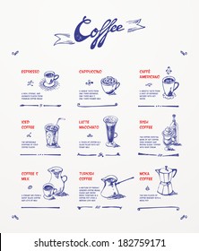 Coffee menu. Blue pen drawings