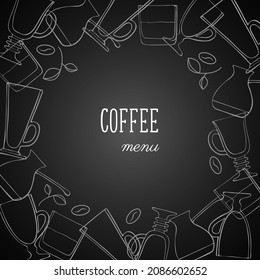 Coffee menu board, banner, cups mugs cappuccino glasses whiskey coffee maker coffee grinder beans, white chalk outline doodle drawings. Vector illustration