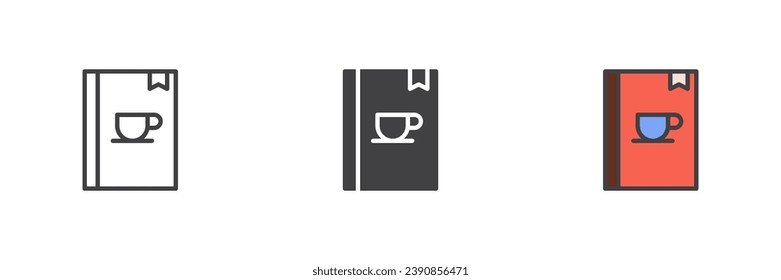 Juego de iconos de estilos diferentes en el menú café. Línea, glifo y contorno relleno versión colorida, contorno y signo vectorial relleno. Símbolo, ilustración del logotipo. Gráficos vectoriales