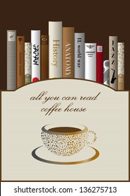 Coffee menu card design template with books. Vector illustration.