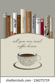 Coffee menu card design template with books. Vector illustration.