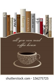 Coffee menu card design template with books. Vector illustration.