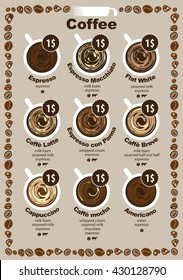 coffee menu card for different types of coffee price