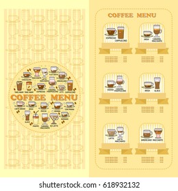 Coffee Menu card. Set of cute various coffee  icons on yellow background. 