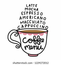 Coffee menu cartoon doodle style vector illustration 