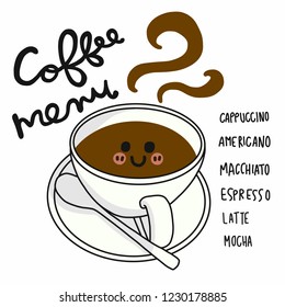 Coffee menu cartoon doodle style vector illustration 