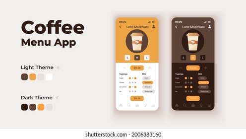 Coffee menu cartoon smartphone interface vector templates set. Mobile app screen page night and day mode design. Caffeinated beverages ordering UI for application. Phone display with flat character