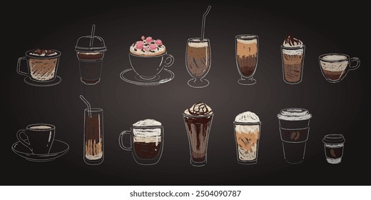 Menú de café. Pizarra de tiza dibujando diferentes tipos de bebidas frías y calientes, taza con glace, Babycino, Shakerato y latte. Icono de pizarra restaurante grunge. Bebida de desayuno. Ilustración vectorial