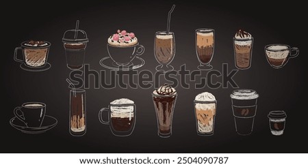 Coffee menu. Chalk chalkboard drawing different types of cold and hot drinks, cup with glace, Babyccino, Shakerato and latte. Blackboard icon restaurant grunge. Breakfast drink. Vector illustration