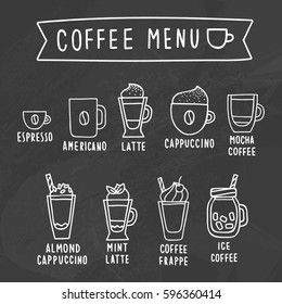 Coffee menu. Chalk drawing on a blackboard. Vector hand drawn illustration