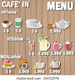 coffee menu and color picture icons on wood label