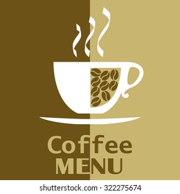 Coffee menu cover with a white cup and beans on a dark red background