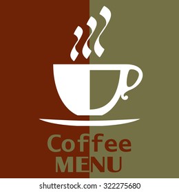 Coffee menu cover with a white cup and beans on a dark red background
