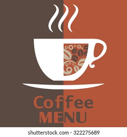 Coffee menu cover with a white cup and beans on a dark red background