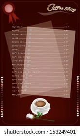 Coffee Menu, A Cup of Coffee with A Beautiful  White Rose and Breakfast on Brown Background for Restaurant, Cafe, Bar, Coffeehouse and Coffee Shop