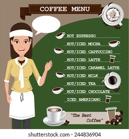 Coffee menu with a cup, coffee girl 