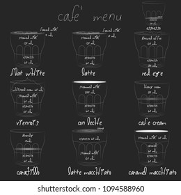 Coffee Menu with Cups of Coffee Drinks in hand drawing Style on two tone. Vector illustration style.