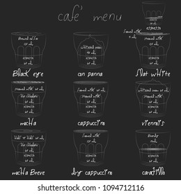 Coffee Menu with Cups of Coffee Drinks in hand drawing Style on two tone. Vector illustration style.