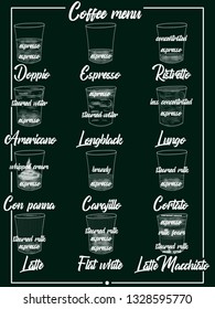 Coffee Menu with Cups of Coffee Drinks in hand drawing Style on two tone. Vector illustration style